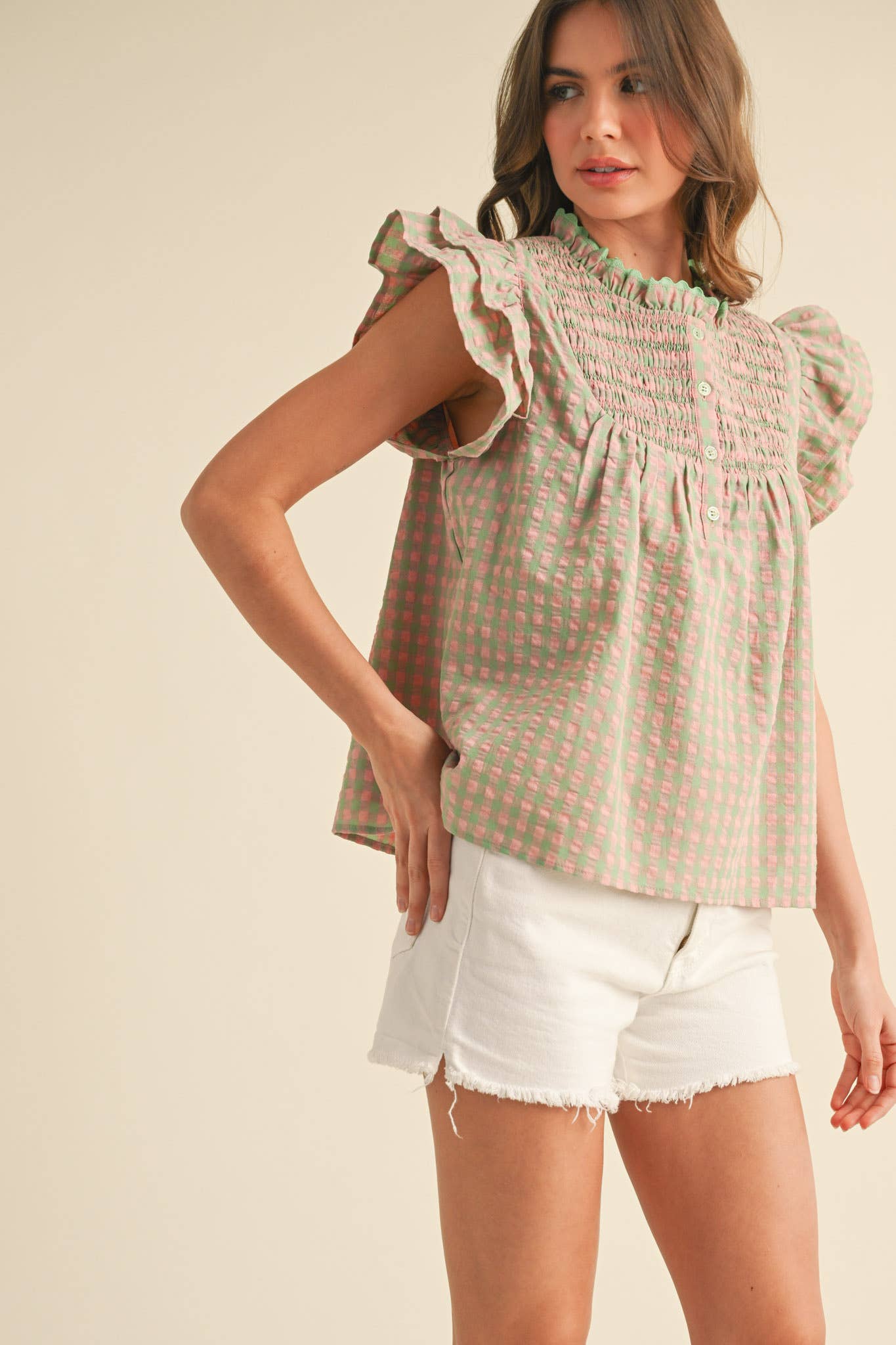 GINGHAM FLUTTER SLEEVE TOP