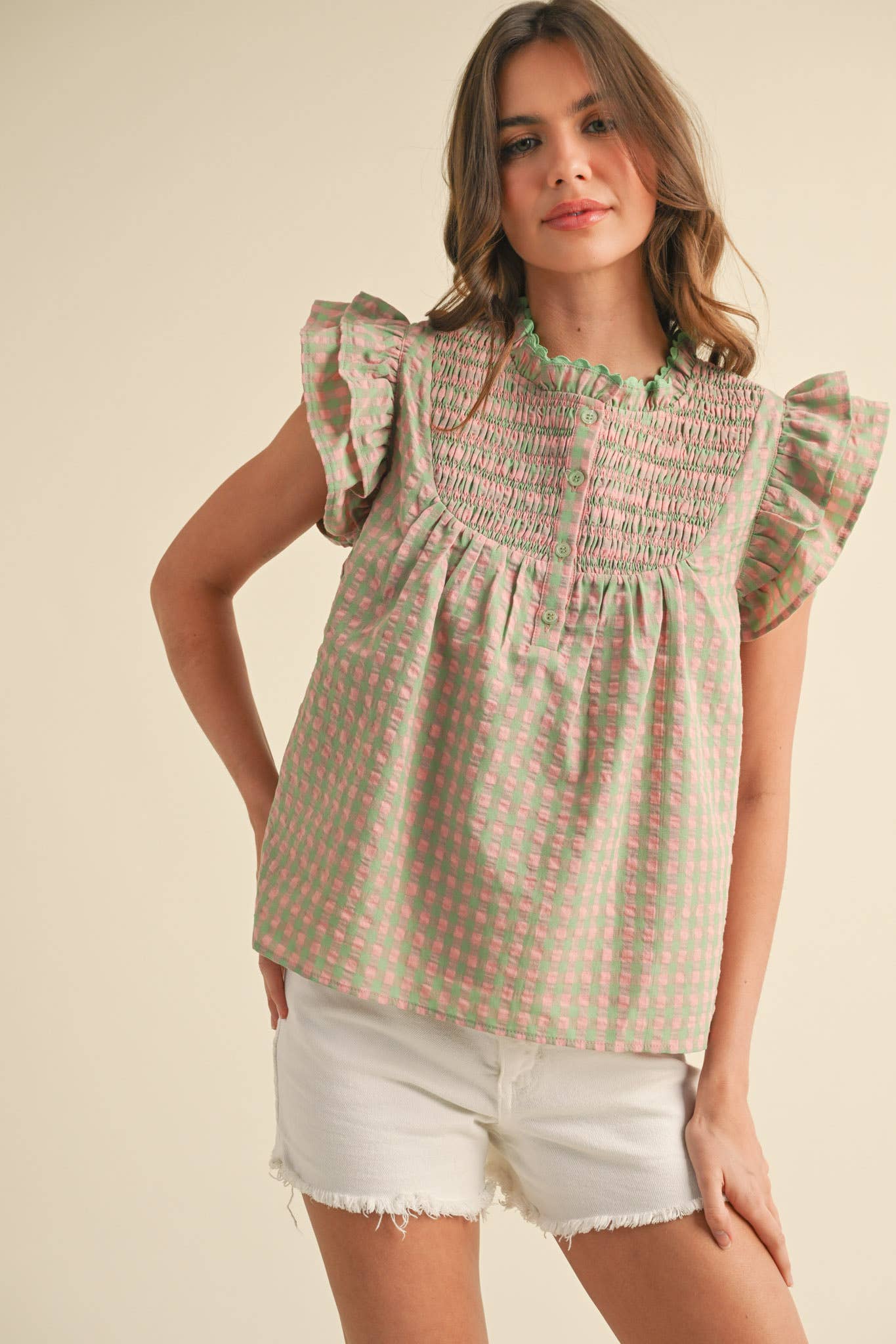 GINGHAM FLUTTER SLEEVE TOP