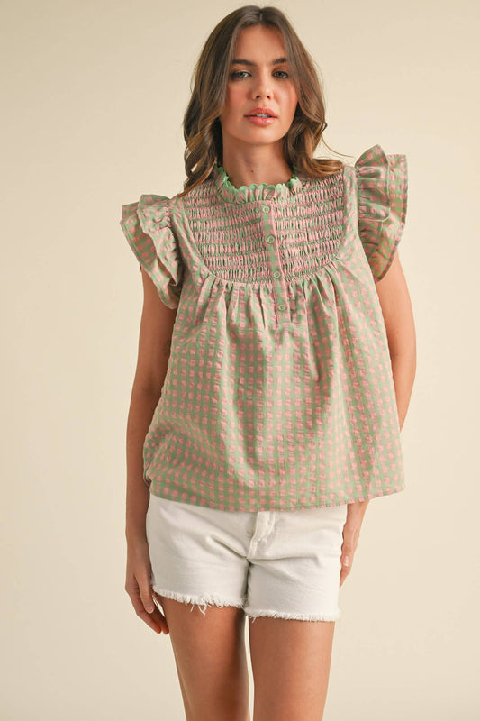 GINGHAM FLUTTER SLEEVE TOP