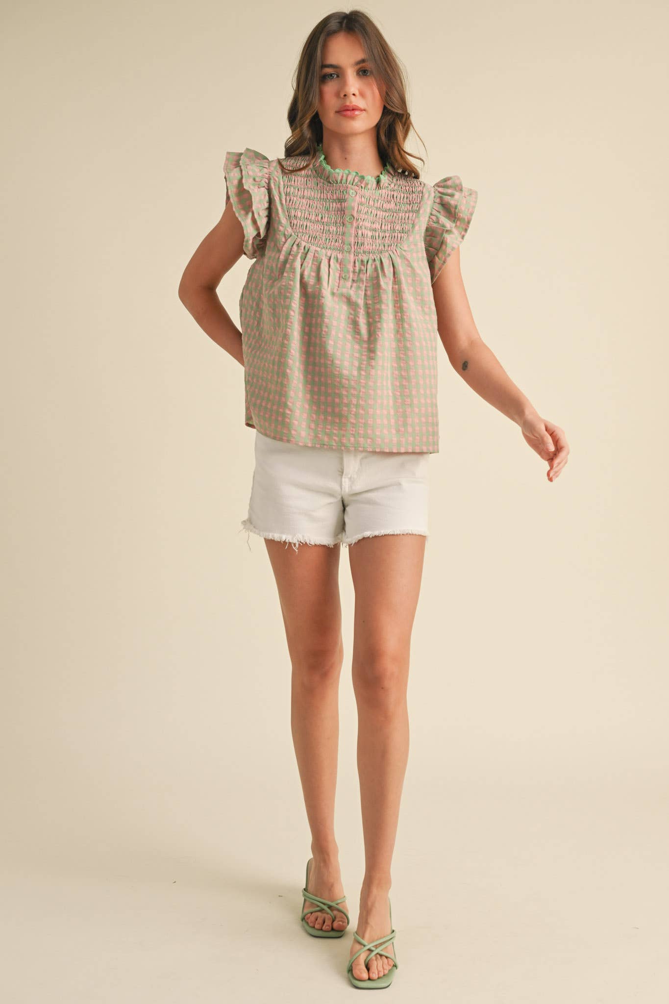 GINGHAM FLUTTER SLEEVE TOP